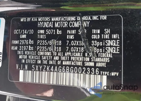 2011 Hyundai Santa Fe Limited V6 z USA, uszkodzony, nr VIN 5XYZK4AG6BG002336